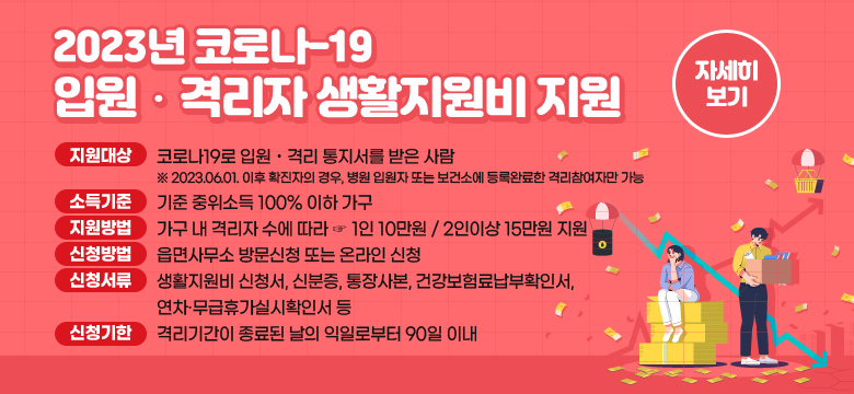 2023년 코로나-19 입원ㆍ격리자 생활지원비 지원
지원대상 : 코로나19로 입원ㆍ격리 통지서를 받은 사람
※ 2023.06.01. 이후 확진자의 경우, 병원 입원자 또는 보건소에 등록완료한 격리참여자만 가능
소득기준 : 기준 중위소득 100% 이하 가구
지원내용 : 가구 내 격리자 수에 따라 ☞ 1인 10만원 / 2인이상 15만원 지원
신청방법 : 읍면사무소 방문신청 또는 온라인 신청
신청서류 : 생활지원비 신청서, 신분증, 통장사본, 건강보험료납부확인서, 
 연차·무급휴가실시확인서 등
신청기한 : 격리기간이 종료된 날의 익일로부터 90일 이내