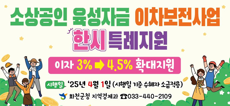 이자 3% > 4.5%확대지원
시행일  : '25년 4월 1일 (시행일 기준 수혜자 소급적용)
화천군청 지역경제과 033-440-2109