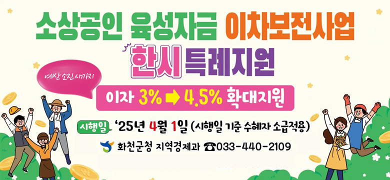 이자 3% > 4.5%확대지원
시행일  : '25년 4월 1일 (시행일 기준 수혜자 소급적용)
화천군청 지역경제과 033-440-2109