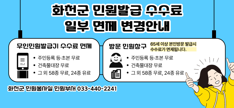 화천군 민원발급 수수료 일부 면제 변경안내

/무인민원발급기 수수료 면제
-주민등록 등·초본 무료
-건축물대장 무료
-그 외 58종 무료, 24종 유료

/방문 민원창구
65세 이상 본인방문 발급시 수수료가 면제됩니다.
-주민등록 등·초본
-인감증명서
-건축물대장