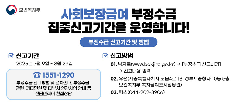 보건복지부
사회보장급여 부정수급 집중신고기간을 운영합니다!
부정수급 신고기간 및 방법
◎ 신고기간 : 2025년 7월 9일 ~ 8월 29일
◎신고방법
01. 복지로(www.bokjiro.go.kr) → [부정수급 신고하기] → 신고내용 입력
02. 우편(세종특별자치시 도움4로 13, 정부세종청사 10동 5층 보건복지부 복지급여조사담당관)
03. 팩스(044-202-3906)
1551-1290 / 부정수급 신고방법 및 절차 안내, 부정수급 관련
기타 민원 및 타부처 연관사업 안내 등 전담인력이 친절상담
