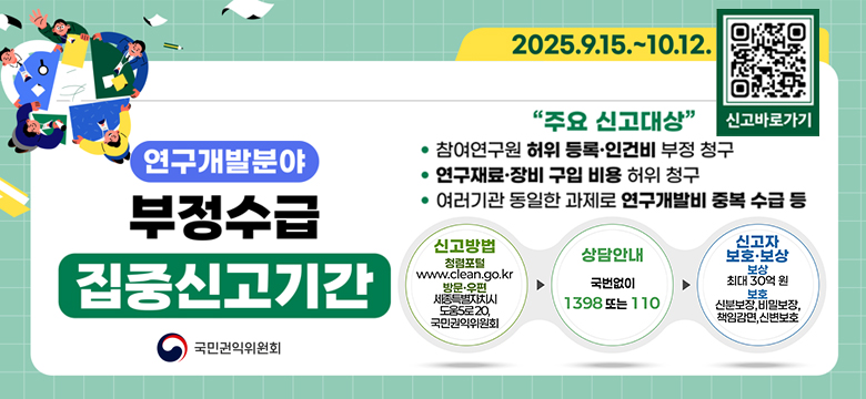 연구개발분야 부정수급 집중신고기간
2025.9.15.~10.12.
"주요 신고대상"
-참여연구원 허위등록·인건비 부정 청구
-연구재료·장비 구입 비용 허위청구
-여러기관 동일한 과제로 연구개발비 중복 수급 등

신고방법 : 청렴포털 www.clean.go.kr/ 방문·우편 : 세종특별자치시 도움5로 20, 국민권익위원회
상담안내 : 국번없이 1398또는 110
신고자 보호 : 신분보장, 비밀보장, 책임감면, 신변보호
신고자 보상 : 최대 30억

#국민권익위원회

QR(url:https://www.clean.go.kr/index.es?sid=a1)