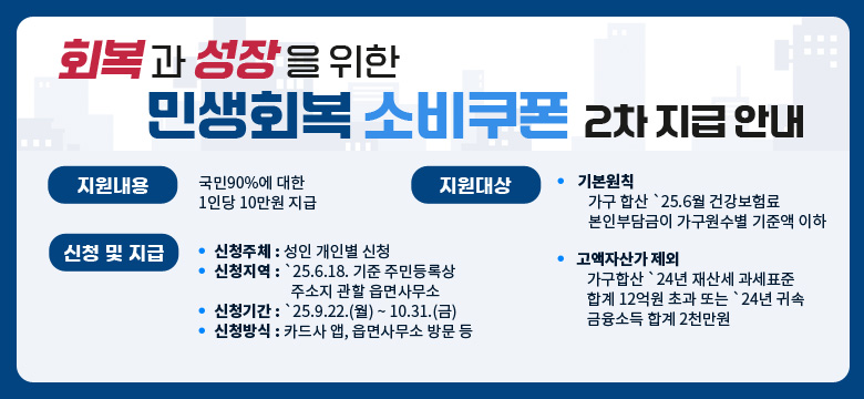 회복과 성장을 위한 민생회복 소비쿠폰 2차 지급 안내

1. 지원내용
 - 국민90%에 대한 1인당 10만원 지급

2. 지원대상
 - 기본원칙 : 가구 합산 `25.6월 건강보험료 본인부담금이 가구원수별 기준액 이하
 - 고액자산가 제외 : 가구합산 `24년 재산세 과세표준 합계 12억원 초과 또는 `24년 귀속 금융소득 합계 2천만원 초과

3. 신청 및 지급
 - 신청주체 : 성인 개인별 신청
 - 신청지역 : `25.6.18. 기준 주민등록상 주소지 관할 읍면사무소
 - 신청기간 : `25.9.22.(월) ~ 10.31.(금)
 - 신청방식 : 카드사 앱, 읍면사무소 방문 등