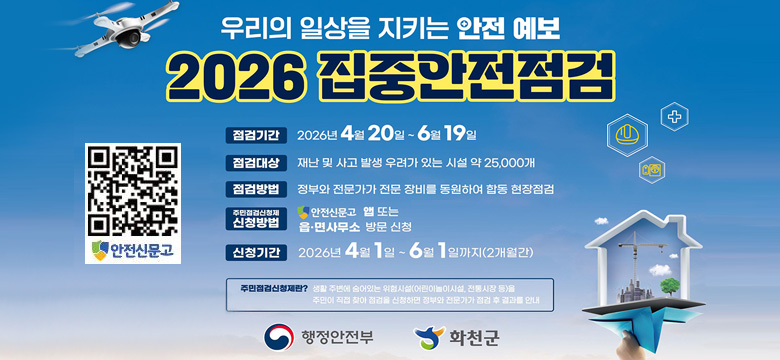 우리의 일상을 지키는 안전 예보
2026 집중안전점검
/점검기간 : 2026년 4월 20일~6월 19일
/점검대상 : 재난 및 사고 발생 우려가 있는 시설 약 25,000개
/점검방법 정부가 전문가가 전문 장비를 동원하여 합동 현장점검
/주민점검신청제 신청방법 : 안전신문고 앱 또는 읍면사무소 방문 신청
/신청기간 : 2026년 4월 1일 ~ 6월 1일까지 (2개월간)
/주민점검신청제란? 생활주변에 숨어있는 위험시설(어린이놀이시설, 전통시장 등)을 주민이 직접 찾아 점검을 신청하면 정부와 전문가가 점검 후 결과를 안내
/행정안전부, 화천군