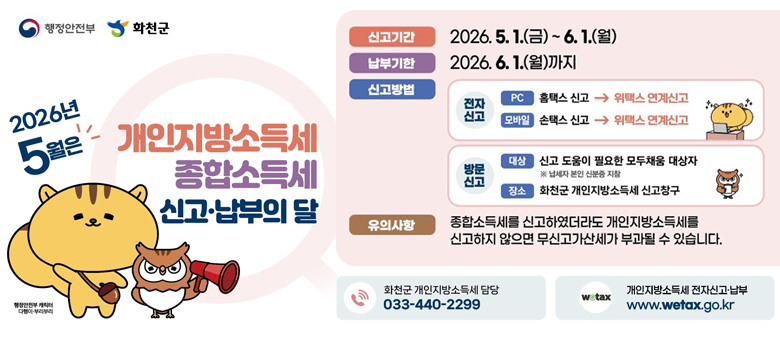 행정안전부, 화천군
2026년 5월은 개인지방소득세 종합소득세 신고 · 납부의 달
/신고기간 : 2026. 5. 1.(금) ~ 6. 1.(월)
/납부기한 : 2026. 6. 1.(월)까지
/신고방법 : 전자신고:PC 홈택스 신고 → 위택스 연계신고, 모바일 손택스 신고 → 위택스 연계신고
/방문신고 : 대상: 신고 도움이 필요한 모두채움 대상자 ※납세자 본인 신분증 지참
/장소: 화천군 개인지방소득세 신고창구
/유의사항 : 종합소득세 신고하였더라도 개인지방소득세를 신고하지 않으면 무신고가산세가 부과될 수 있습니다.
/화천군 개인지방소득세 담당 033-440-2299, 개인지방소득세 전자신고 · 납부 www.wetax.go.kr