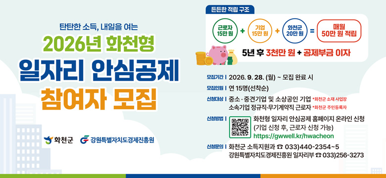 탄탄한 소득, 내일을 여는
2026년 화천형 일자리 안심공제 참여자 모집
주최 : 화천군, 강원특별자치도경제진흥원
든든한 적립구조 : 근로자 15만원 + 기업 15만원 + 화천군 20만원 = 매월 50만원 적립
5년 후 3천만원 + 공제부금 이자
모집기간 : 2026. 9. 28.(월) ~ 모집 완료 시
모집인원 : 연 15명(선착순)
신청대상
- 중소·중견기업 및 소상공인 기업 *화천군 소재 사업장
- 소속기업 정규직·무기계약직 근로자 * 화천군 주민등록자
신청방법 : 화천현 일자리 안심공제 홈페이지 온라인 신청(기업 신청 후, 근로자 신청 가능)
https://gwwell.kr/hwacheon
(QR코드 이미지 링크 : https://m.site.naver.com/2fWCc)
신청문의
- 화천군 소득지원과 ☎033)440-2354~5
- 강원특별자치도경제진흥원 일자리부 ☎033)256-3273